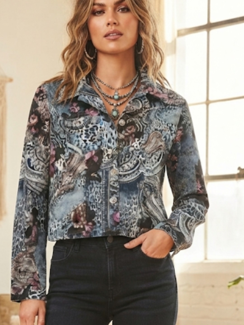 Cropped Button-Front Long-Sleeve Shirt Jacket - Blue Paisley Print